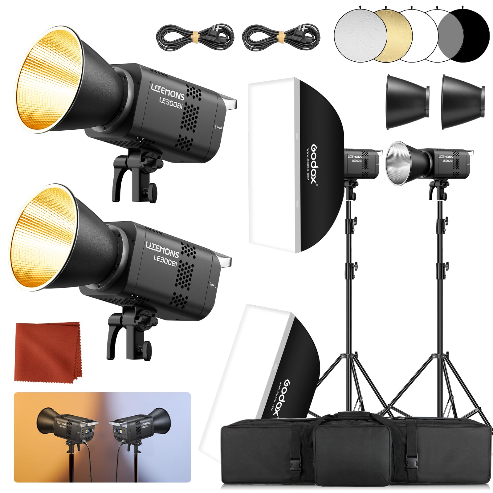 Godox 2-Pack Litemons LE300Bi LE300 Bi Luce Continua a LED 320W 2800K~6500K 58900 Lux/1m TLCI/CRI≈98 Controllo Bluetooth 11 Effetti FX Attacco Bowens Videolight per Vlog,YouTube,Fotografia (nero)