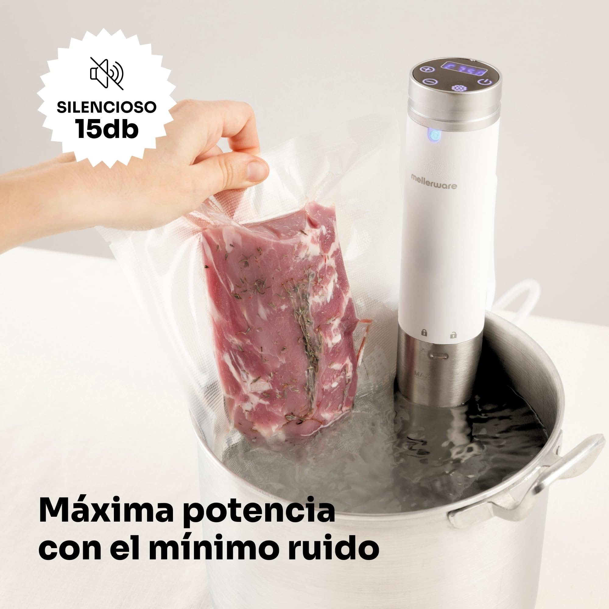 Mellerware - Sous Vide Roner Cheffy! 1000 W | Cocina Baja Temperatura al vacio | Pantalla digital | Temperatura hasta 90ºC | Temporizador | Maquina profesional en Acero Inoxidable | Blanco