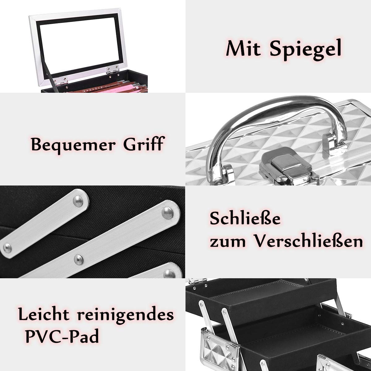 RELAX4LIFE Kosmetikkoffer, Schminkkoffer mit Spiegel, Kosmetikkasten tragbar für Reise, Beauty Case 3 Fächer, Make up Box für Lippenstifte & Nagellack & Schmuck, Friseurkoffer klappbar (Silber)