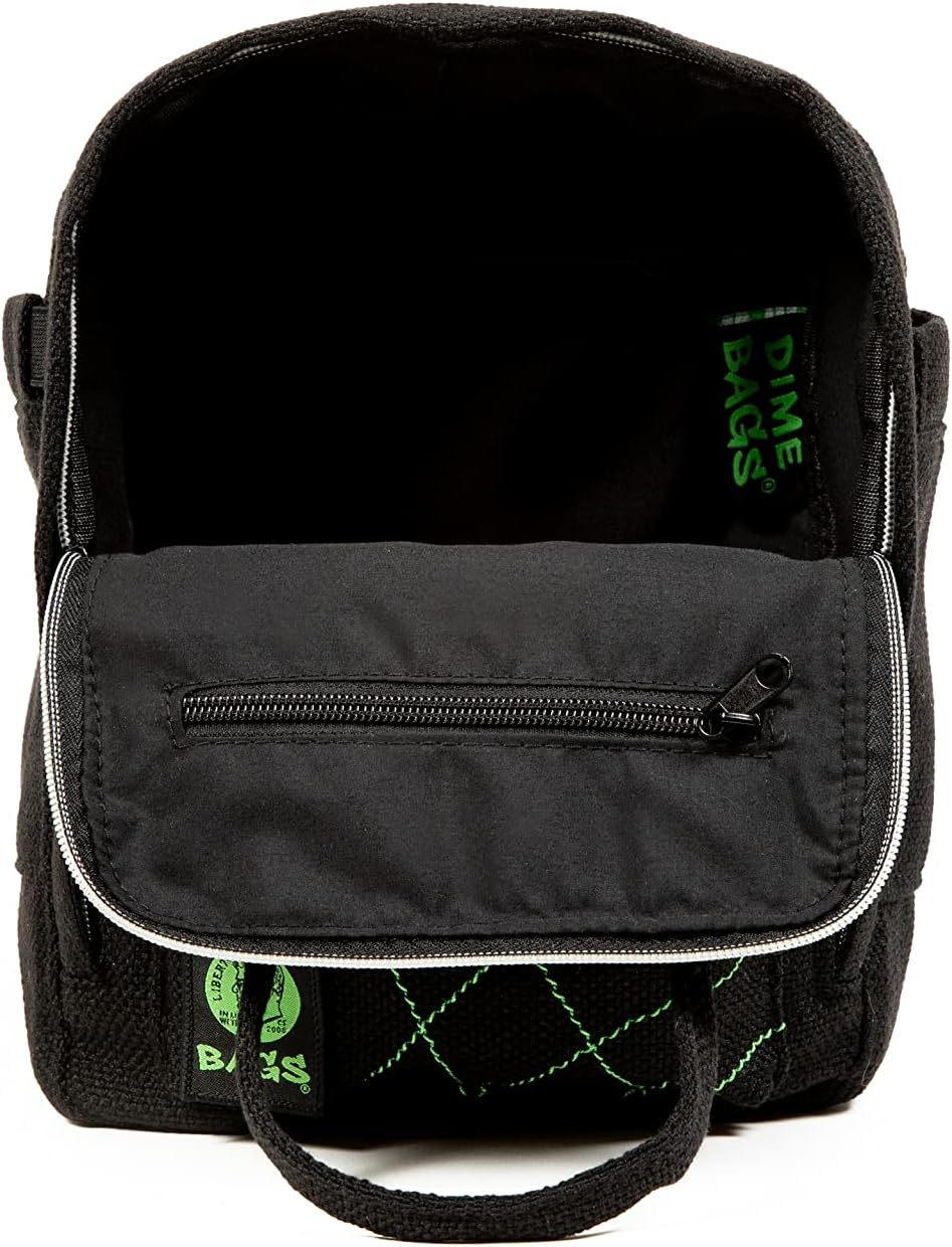 DIME BAGS Mini Backpack, Compact Lightweight Everyday Travel Bag with 7 Pockets, Durable Hempster Material, Adjustable Straps & Top Handle, Water Bottle Holders & Interchangeable Patch (Black)