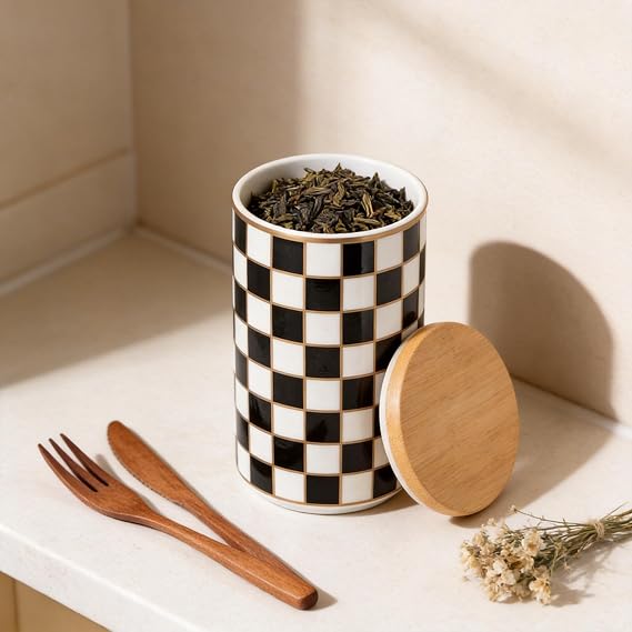Checked Ceramic Countertop Kitchen Storage Containers, Black and White Food Storage Containers with Lid, Airtight Kitchen Containers for Flour, Sugar, Coffee, Tea