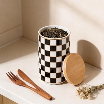 Checked Ceramic Countertop Kitchen Storage Containers, Black and White Food Storage Containers with Lid, Airtight Kitchen Containers for Flour, Sugar, Coffee, Tea