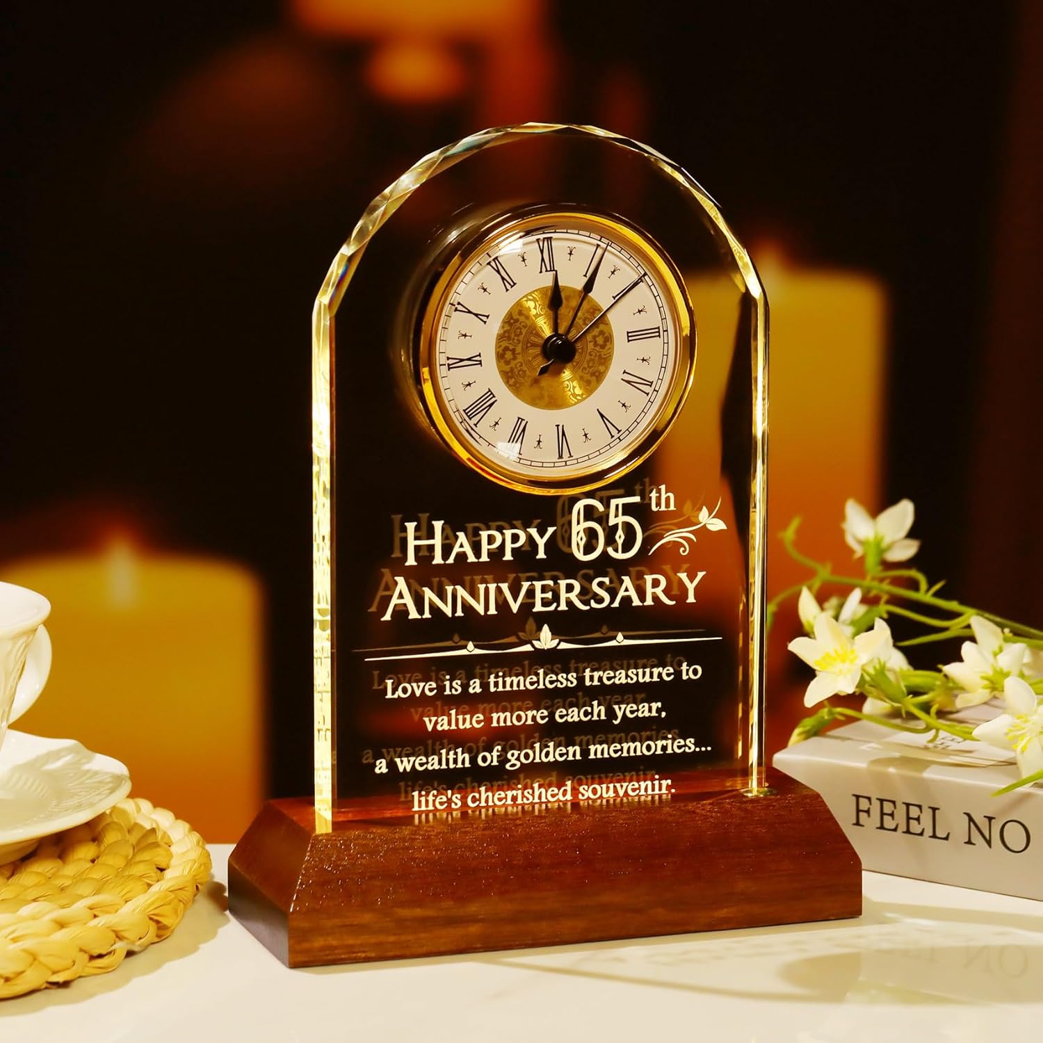YWHL 65th Wedding Anniversary Clock Gifts for Parents Grandparents, 65 Years for Couples, Table Clock Glass Presents with Wooden Light Base for Home Decoration (Battery not Included)