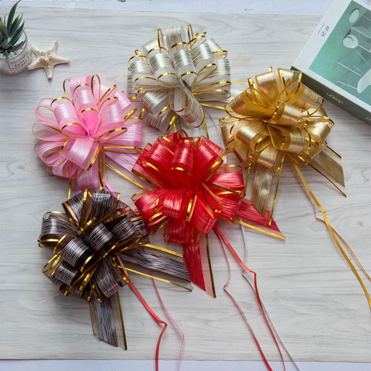 10 Pièces Grands Nœuds à Tirer pour Cadeau(16cm),Organza Nœuds Décoratifs pour Fêtes,Voiture,Bouteilles de Vin,Emballage Cadeau - Blanc