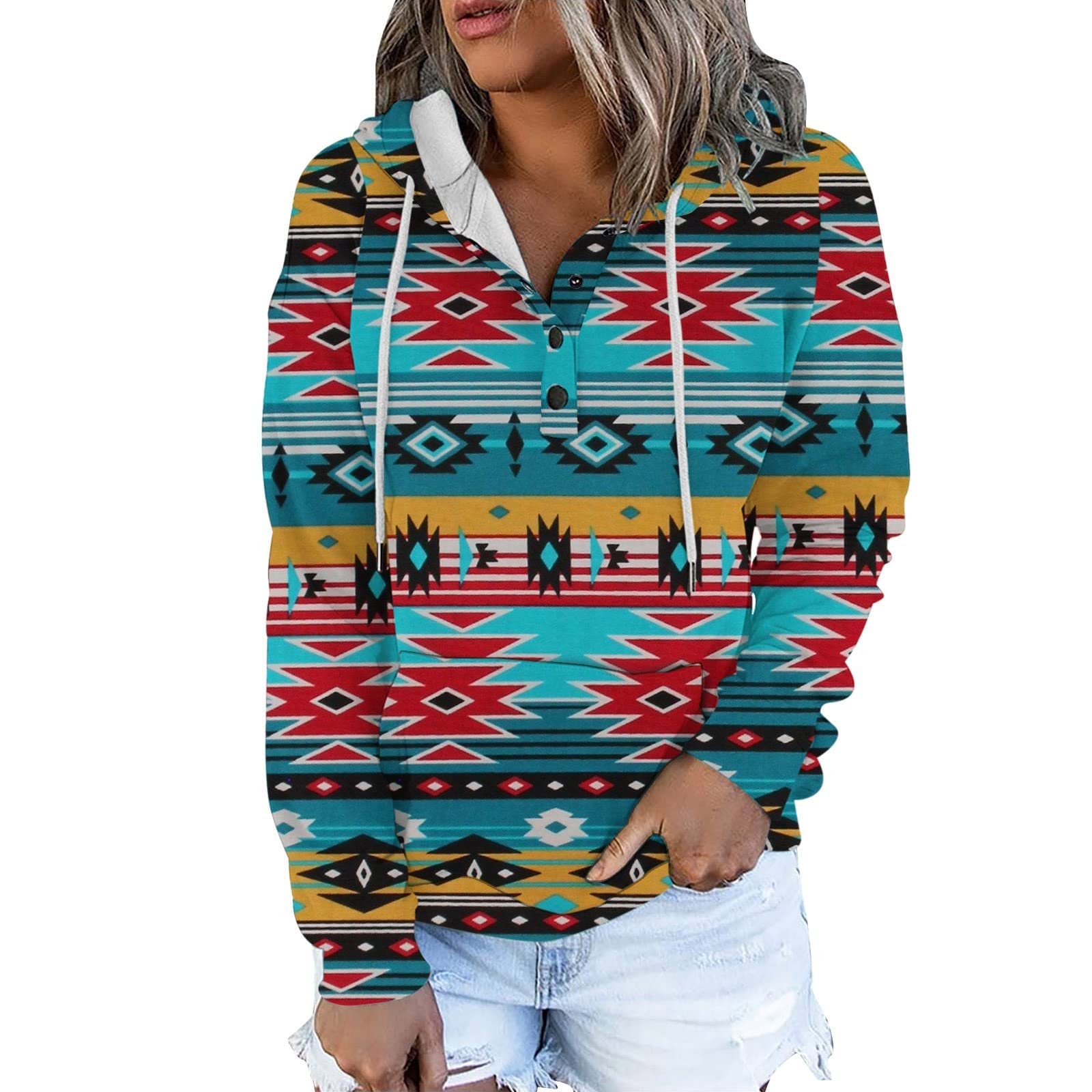 Womens Button Collar Sweatshirt Drawstring Fashion Hoodies Pullover Long Sleeve Warm Winter Trendy Tops Shirts