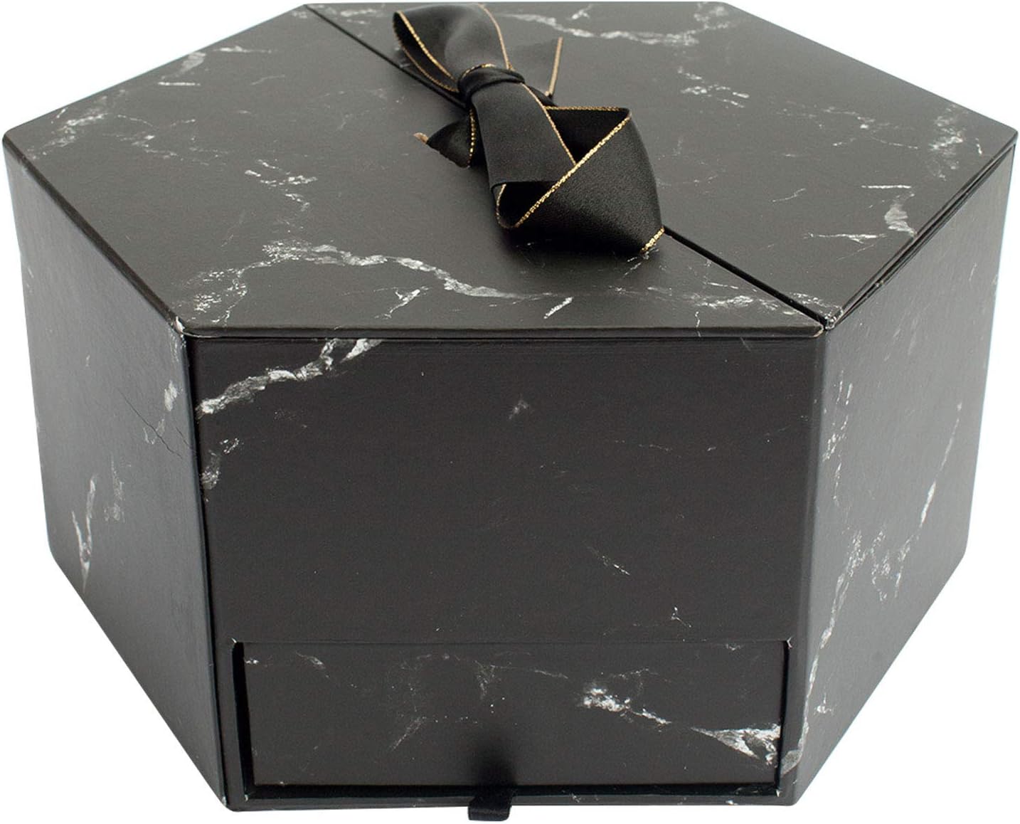 Emartbuy Rigid Luxury Hexagon Shaped Presentation Gift Box, Black Marble Pattern, Black Interior, Black and Gold Satin Ribbon and One Side Drawer