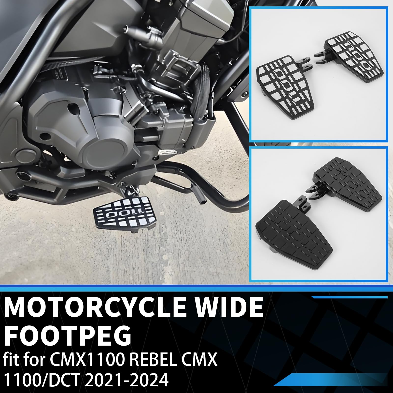 Motorrad-Fußrasten, kompatibel mit Honda CMX1100 REBEL CMX 1100/DCT 2021–2025, Aluminium-Motorrad-Fußraste, breitere Fußstütze, breite Pedale (Schwarzes Silber)