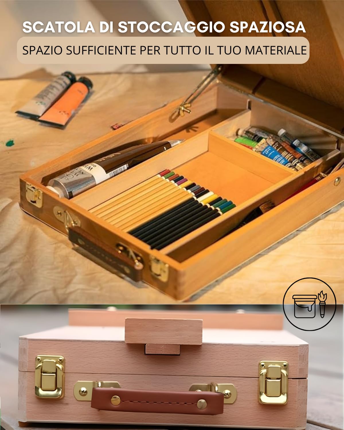 Cavalletto Pittura – Cavalletto da Tavolo in Legno di Faggio con Cassetto Portaoggetti – Altezza Regolabile per Tele Fino a 54cm – Valigetta Portatile per Bambini, Principianti e Artisti
