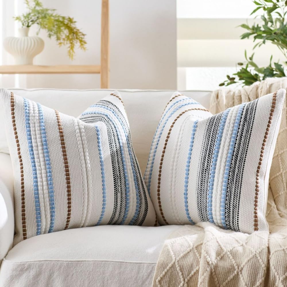 SCVBLJS Blue Cushion Covers 45x45cm squaer stripes brown Cushion case Decorative Sofa Throw Pillow Cover Home Office Decoration soft cushions 18x18Inch set of 2