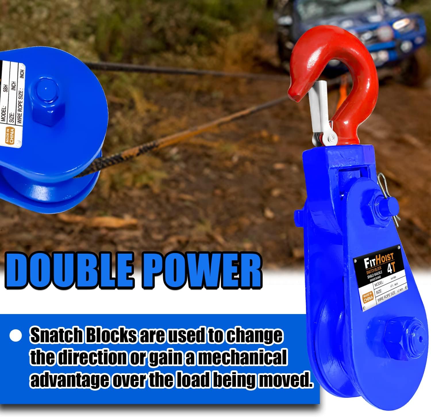 4Tons(8800lbs) Snatch Block with Hook | 4 1/2" Sheave for 1/2" Inch Wire Rope | High Strength Snatch Blocks for Towing and Recovery Applications | Tow Truck Rollback Wrecker Car Hauler Winch - Image 5