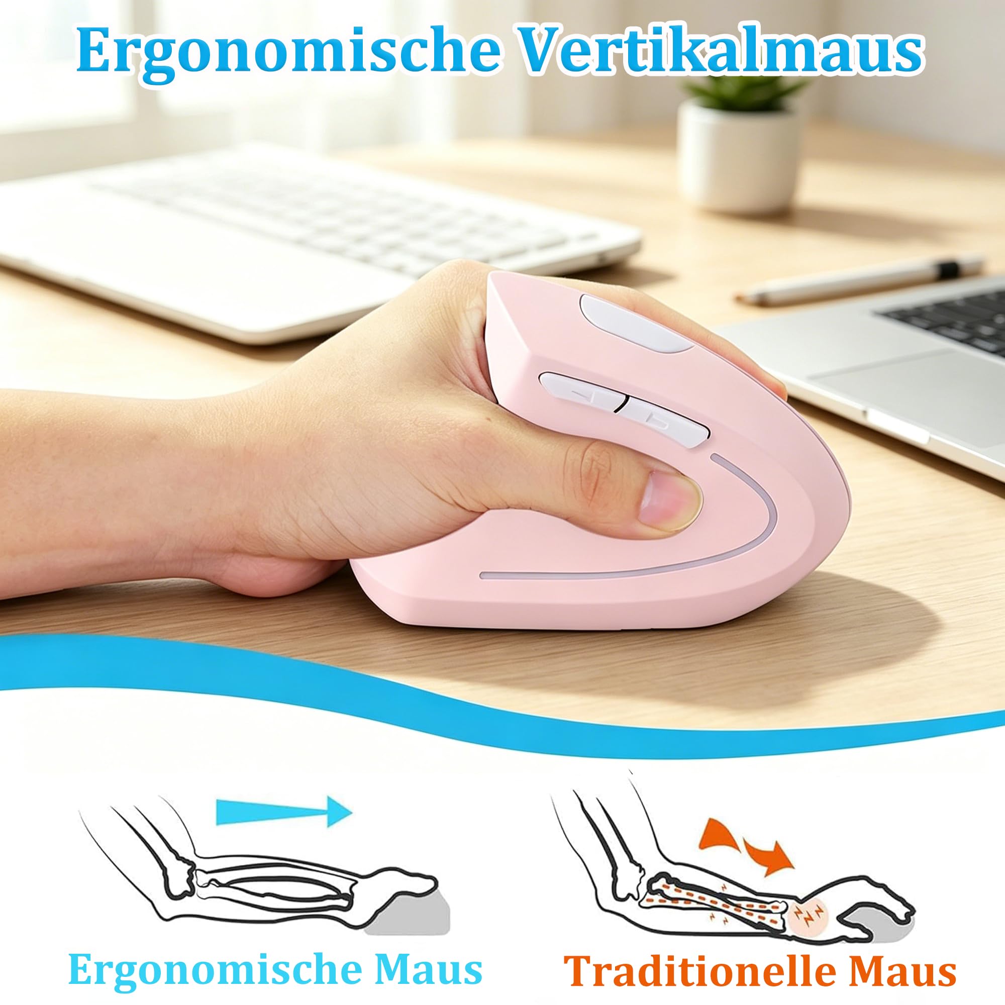 Mouse verticale ergonomico senza fili per mancini, 2,4 G, silenzioso, senza fili, 3 DPI regolabili, 6 pulsanti, per PC, laptop, notebook, computer, allevia il dolore al polso (rosa)