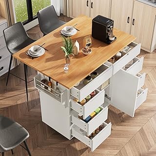 Seyakany Isla de cocina moderna, mueble de cocina, carro extensible con ruedas y encimera, carrito de servicio con estante de especias y 8 cajones, color blanco