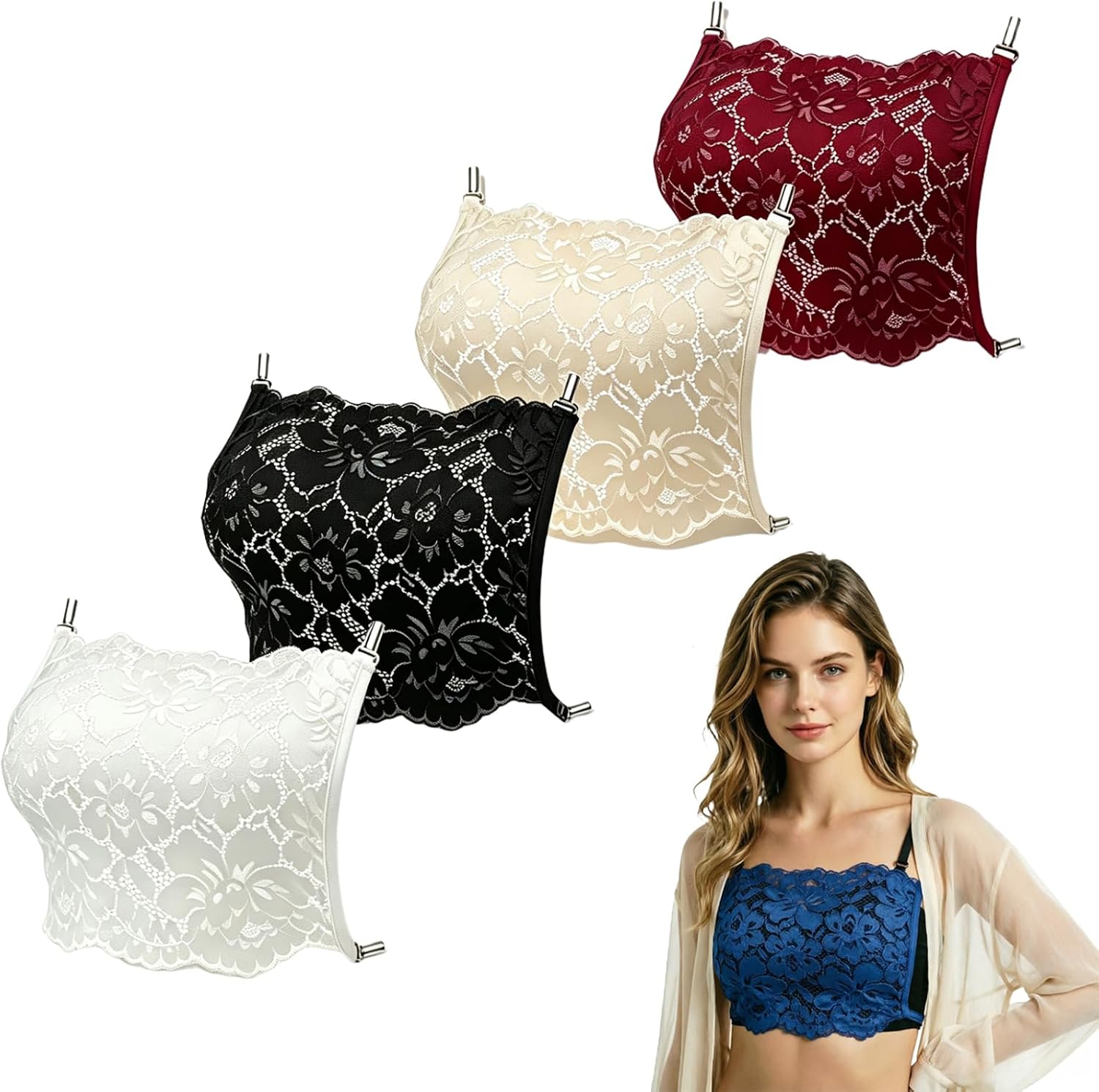 4Pcs Lady Cleavage Cover Modesty Panel Lace Wearable Mock Camisole Hook to Bra Insert Overlay Modesty Panel Vest