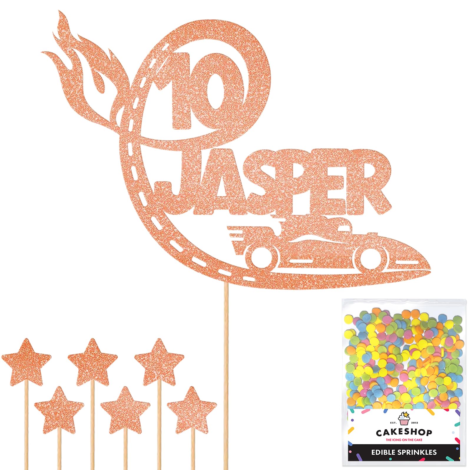 Personalised F1 Motor Racing Car Glitter Cake Topper - Rose Gold Custom Age & Name Glitter Cake Decoration and Sprinkles - Happy Birthday Decorations - Personalised Toppers for Cakes by Cakeshop
