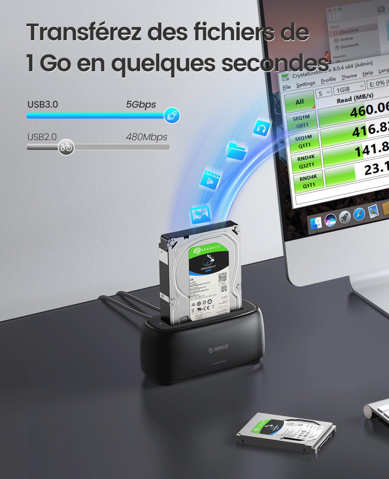 ORICO SATA SSD/HDD Dock pour Disque Dur, USB 3.0 Station d'accueil pour Dique Dur de 2,5 et 3,5 Pouces, Supporte UASP et Les disques de 20To(DD18U3)