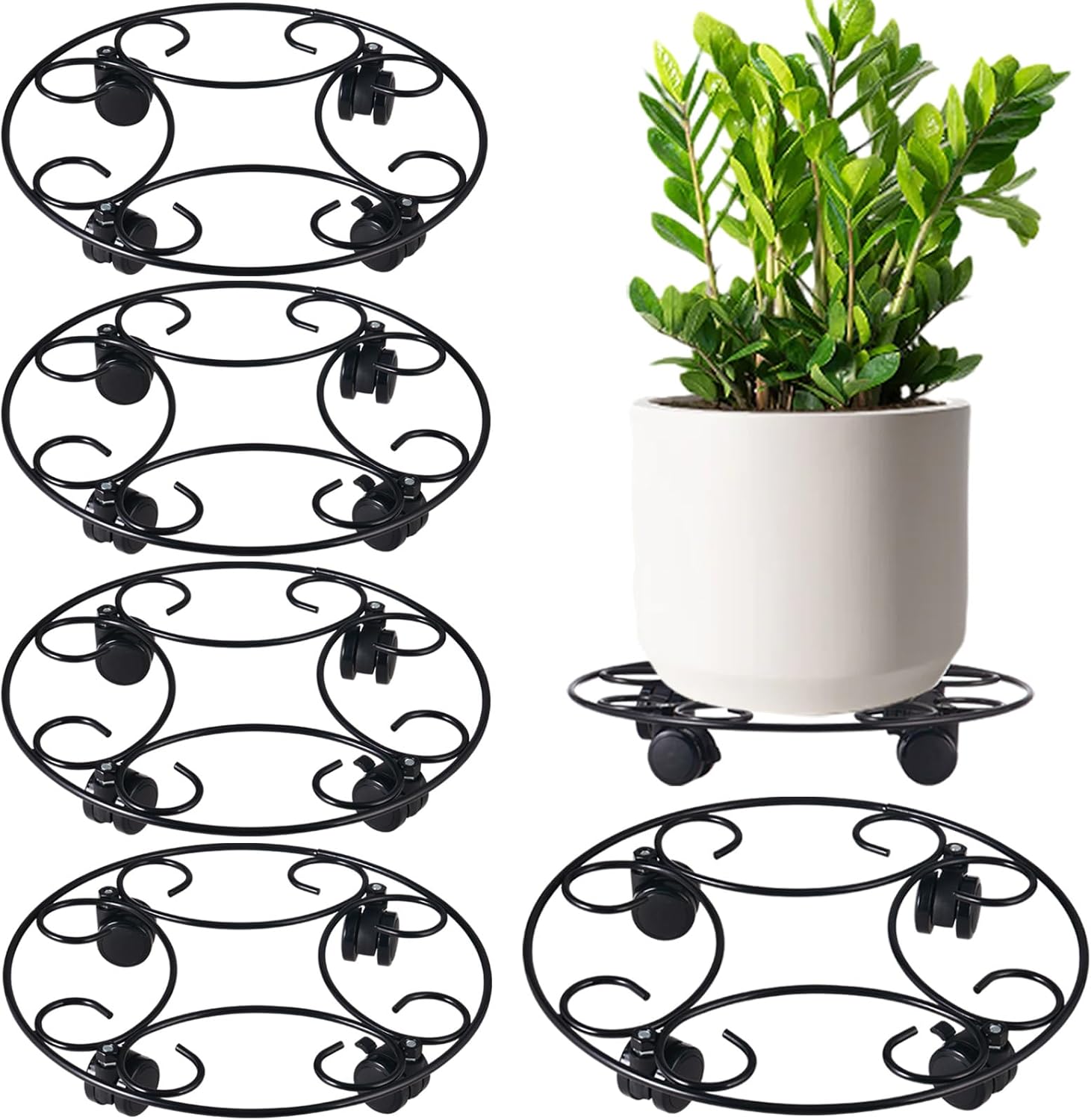 5 Packs 12.8" Metal Plant Caddy with Wheels Large Rolling Plant Stands Heavy-duty Wrought Iron Plant Roller Base Pot Movers Plant Saucer on Wheels Indoor Outdoor Plant Dolly Coaster with Casters Planter Tray