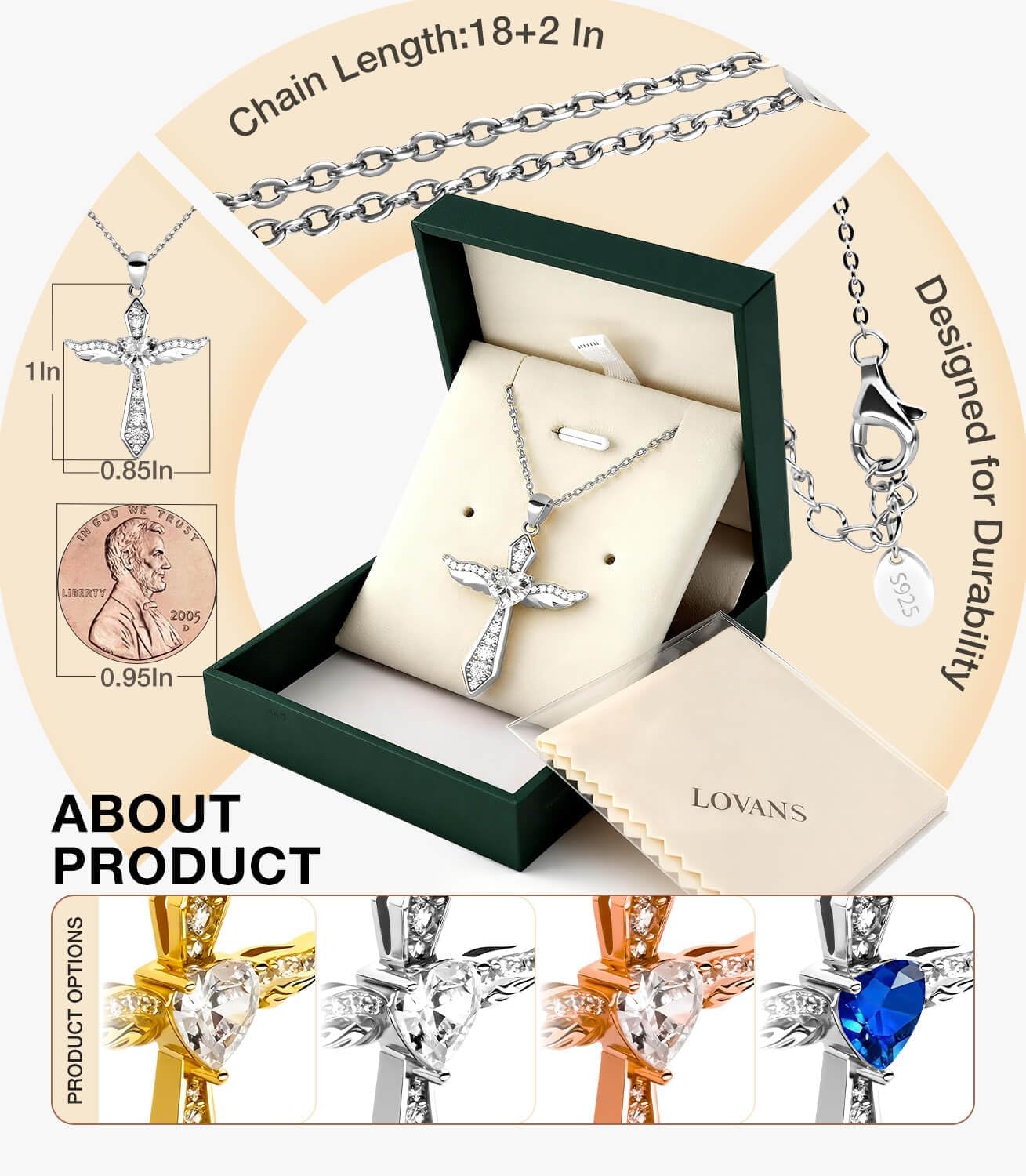 Lovans 925 Sterling Silver Cross Necklaces for Women,14K Gold Plated Angel Wings Cross Pendant Necklace with Cubic Zirconia - Image 6