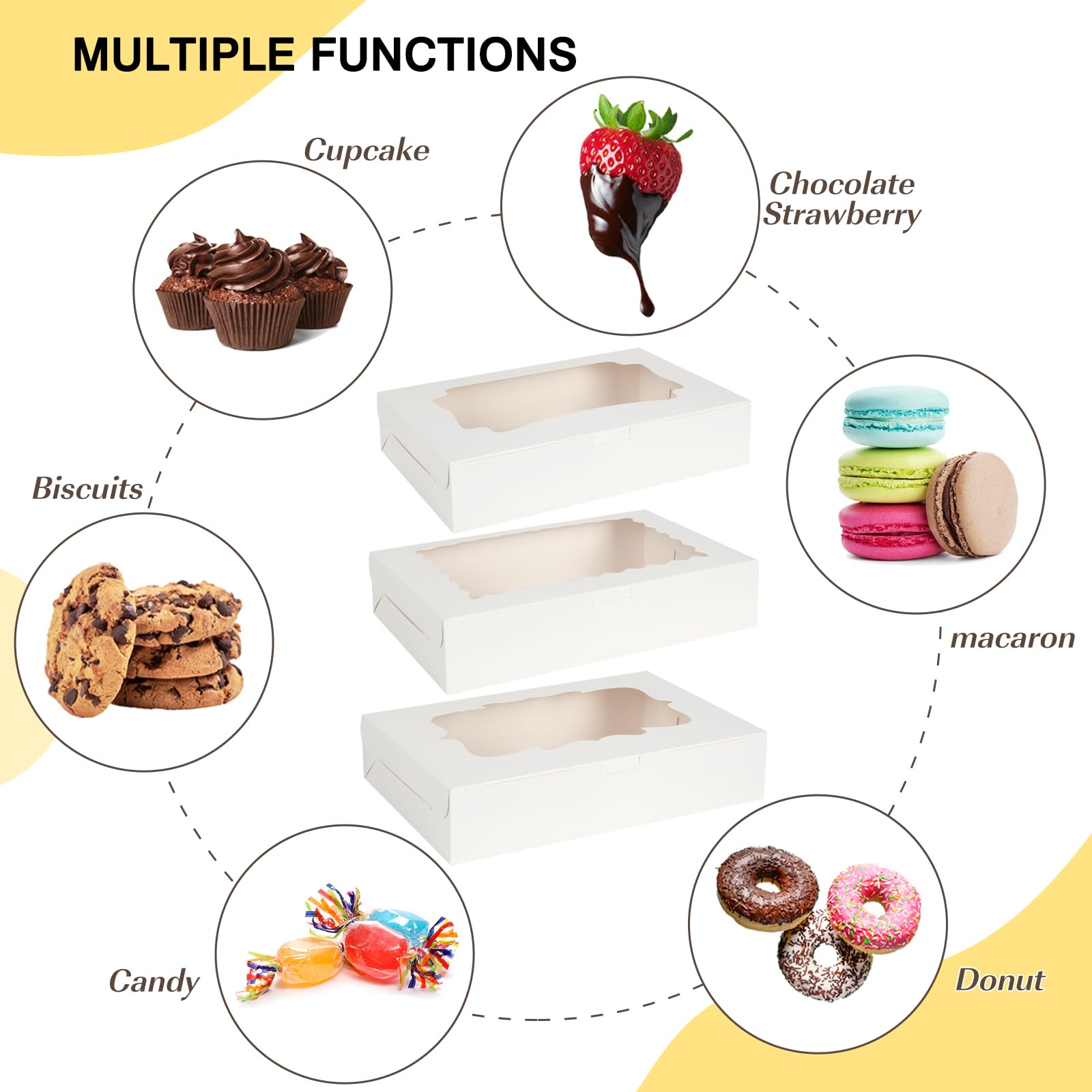 TOMNK 60pcs Bakery Boxes, 12x8x2.5 Inches 3 Style Cookie Boxes, Treat Containers with Window for Candies, Chocolate Strawberries, Cakes, Muffins, Donuts