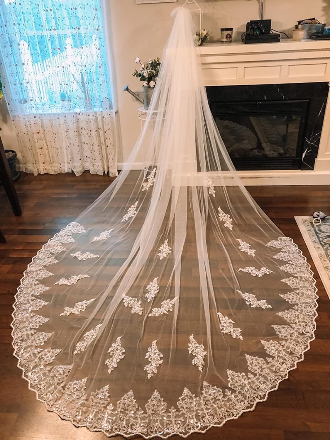 EllieHouse Cathedral 1 Tier Sequin Lace Wedding Bridal Veil With Comb L81