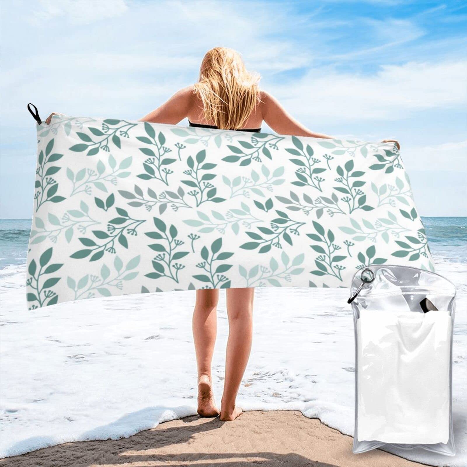 Lawenp Grey and Green Leaves Microfiber Beach Towel Adults Large Quick Drying Bath Towel Travel Towels with Pouch 27.5"x55"