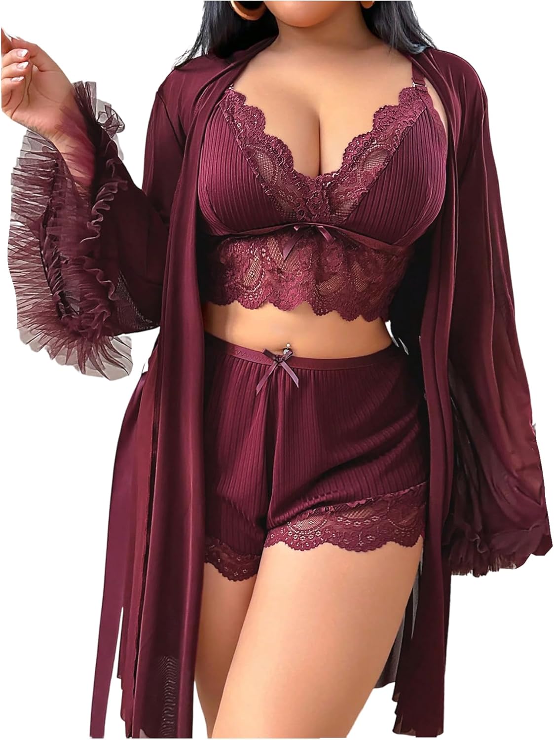 OYOANGLE Women's Plus Size Lingerie Set Lace Ribbed Bra and Panty with Long Sleeve Sheer Kimono Robe Sets