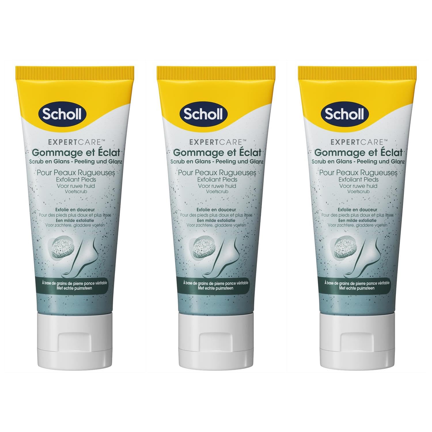 SCHOLL 3 cremas exfoliantes y brillo base pómez pies volcánicos – 75 ml