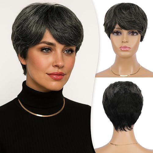 RUWISS Pixie Cut Wig Human Hair Wigs Human Hair Wig with Bangs Natural Short Black Wig Layered Wavy Different Style Short Wigs for Black Women (F/1B/27/613#)