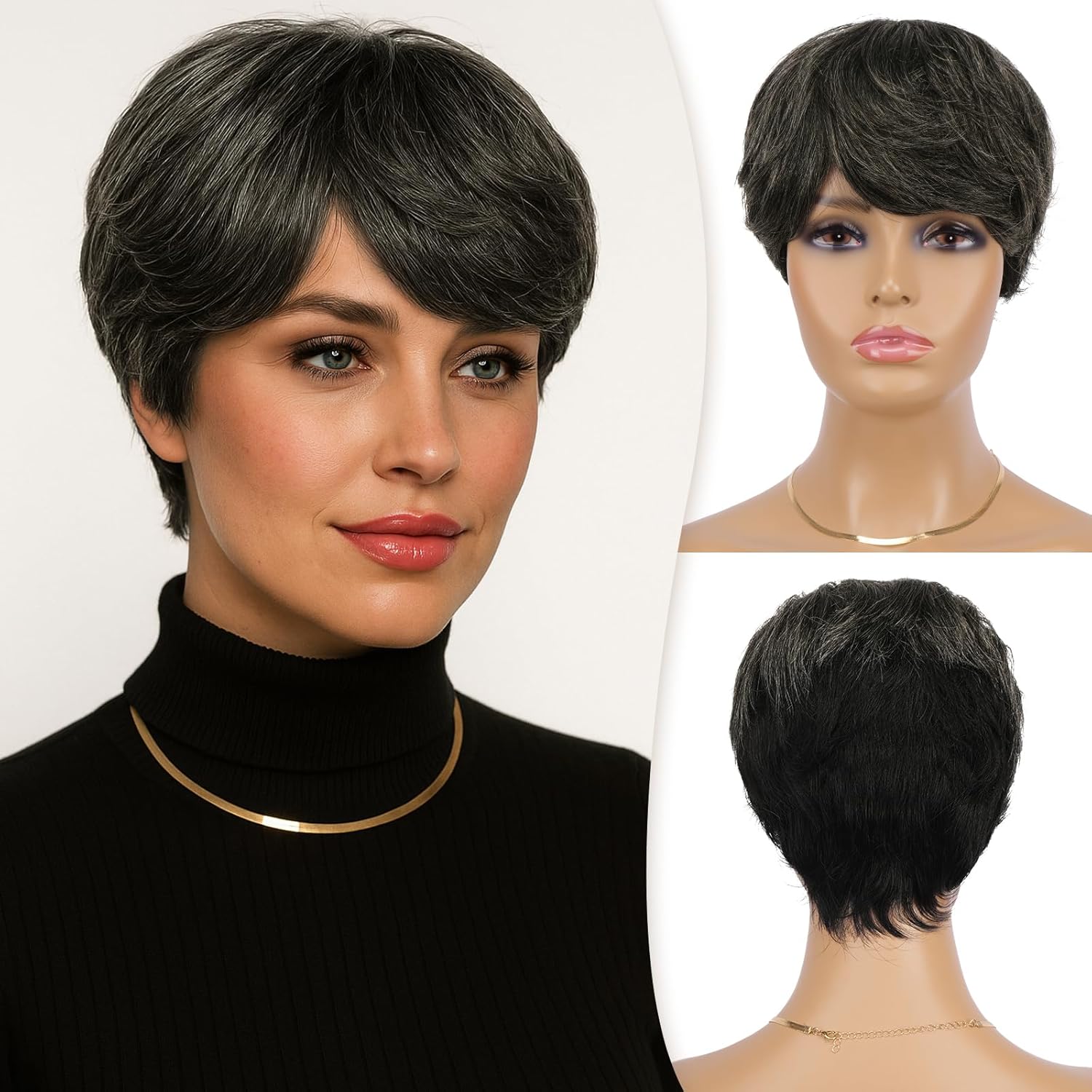 RUWISS Pixie Cut Wig Human Hair Wigs Human Hair Wig with Bangs Natural Short Black Wig Layered Wavy Different Style Short Wigs for Black Women (249-1B#)