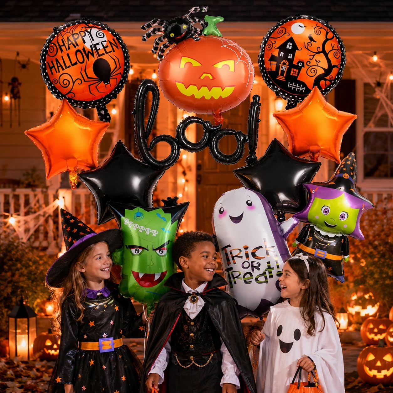 10 Stück Boo Ballon Set, XXL Geist Spinne Kürbis Hexe Monster Folienballon Mit Orange Schwarz Stern Rundes Halloween Party Deko Luftballon für Kinder Happy Nacht Party Dekoration