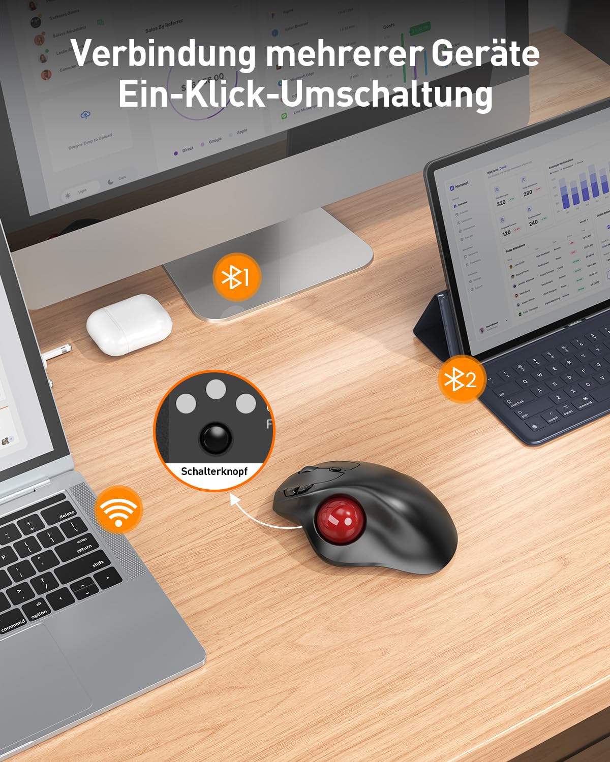 SABLUTE MAM2 Kabellose Trackball Maus, Wiederaufladbare Ergonomische Maus | Präzises und Reibungsloses Tracking, 3-Geräte-Verbindung (Bluetooth oder 2,4G USB-Empfänger), 5 DPI-Stufen für Mac, Windows