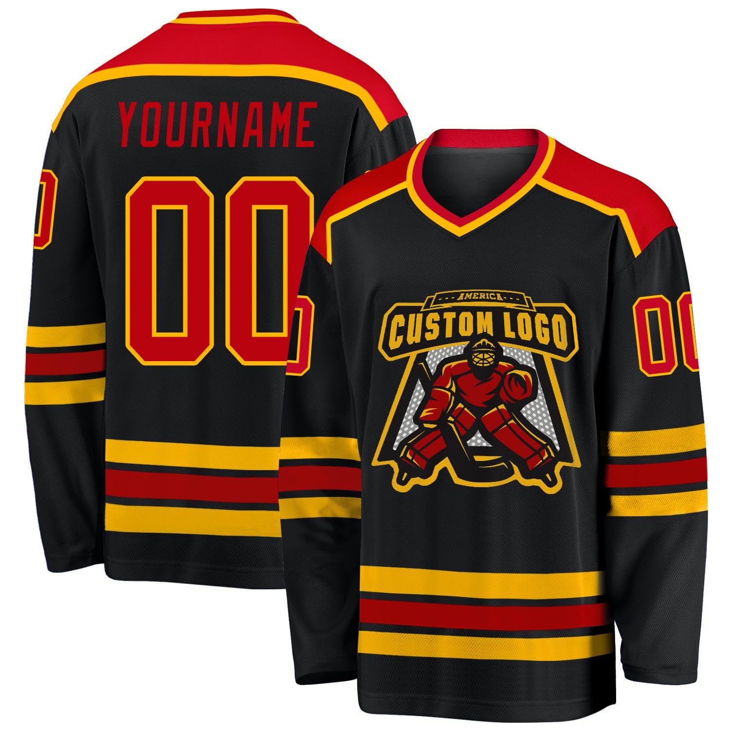 Custom Name Number White Red-Gold Hockey Jersey, Personalized Team V-Neck Sports Hockey Jersey for Men Women Youth