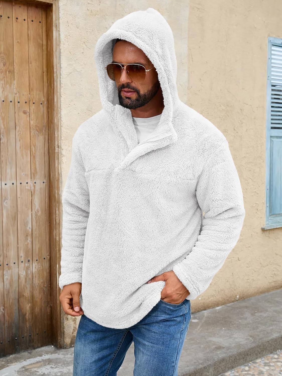Runcati Mens Fuzzy Sherpa Hoodies Pullover Quarter Zip Long Sleeve Sweatshirts Fall Winter Outwear Casual Fleece Hooded - Image 4