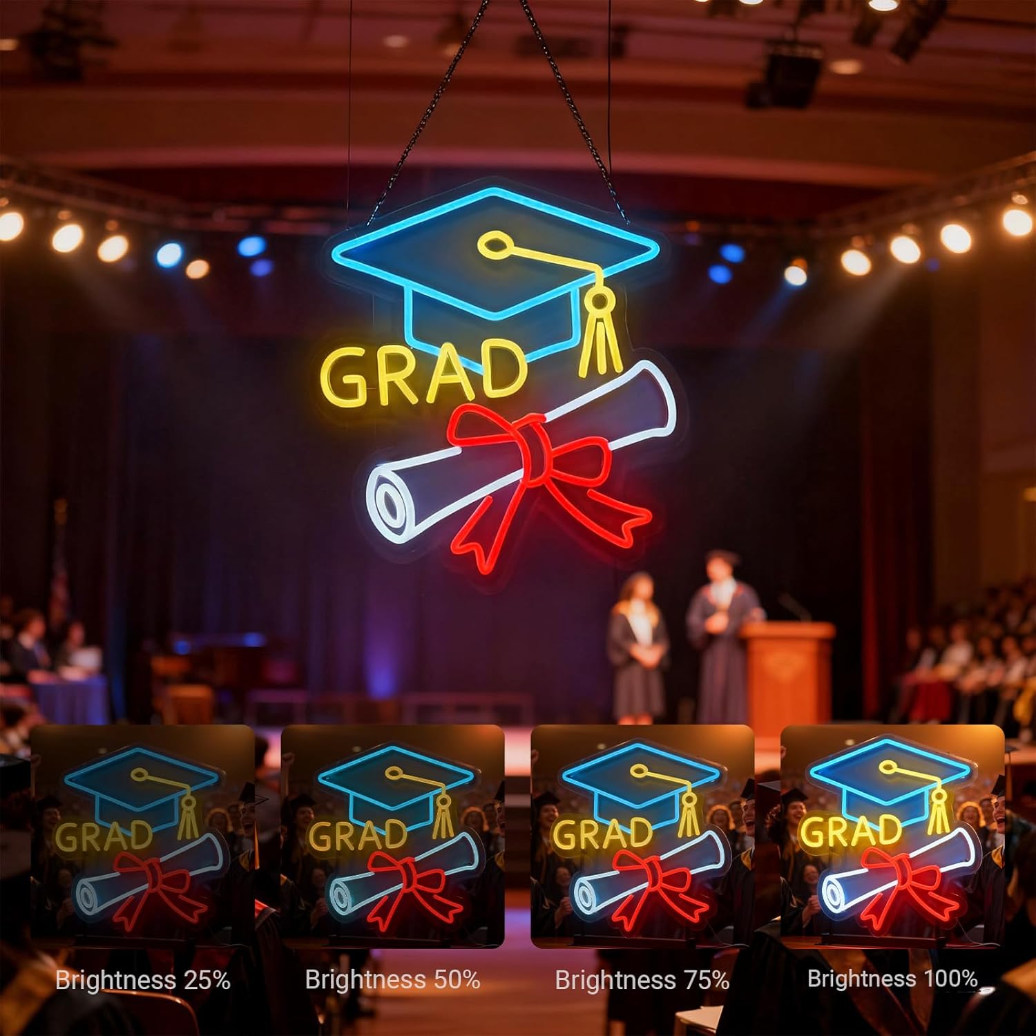 Congrats Grad Neon Sign - 4-Color Graduation Decorations 2026, 10-Level Dimmable LED Wall Decor, USB Powered Gift for Graduate, 14.2"x13"