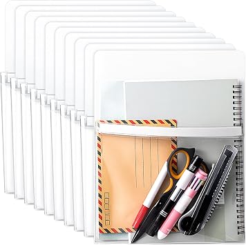 Henoyso 10 Pcs Magnetic File Holder Paper Holder Magnetic Pen Dry Erase Marker Organizer Fridge Pocket Organizer for Whiteboard Refrigerator, 12 x 9.5 in White