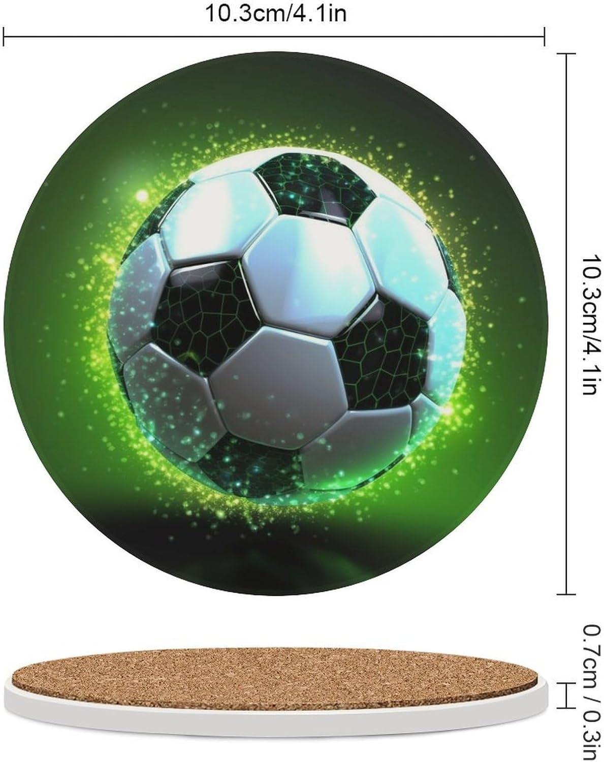 6PCS Cool Soccer Ball Coasters Non-Slip Round Drink Coasters with Ceramic Stone and Cork Base, Heat Resistant Absorbent 33.00Stone Coaster Set for Kinds of Mugs and Cups, 4 Inch