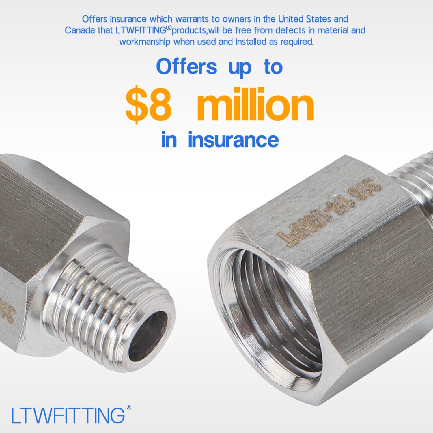 LTWFITTING Bar Production Stainless Steel 316 Pipe Fitting 1/4" Female x 1/8" Male NPT Adapter Air Fuel Water (Pack of 5)