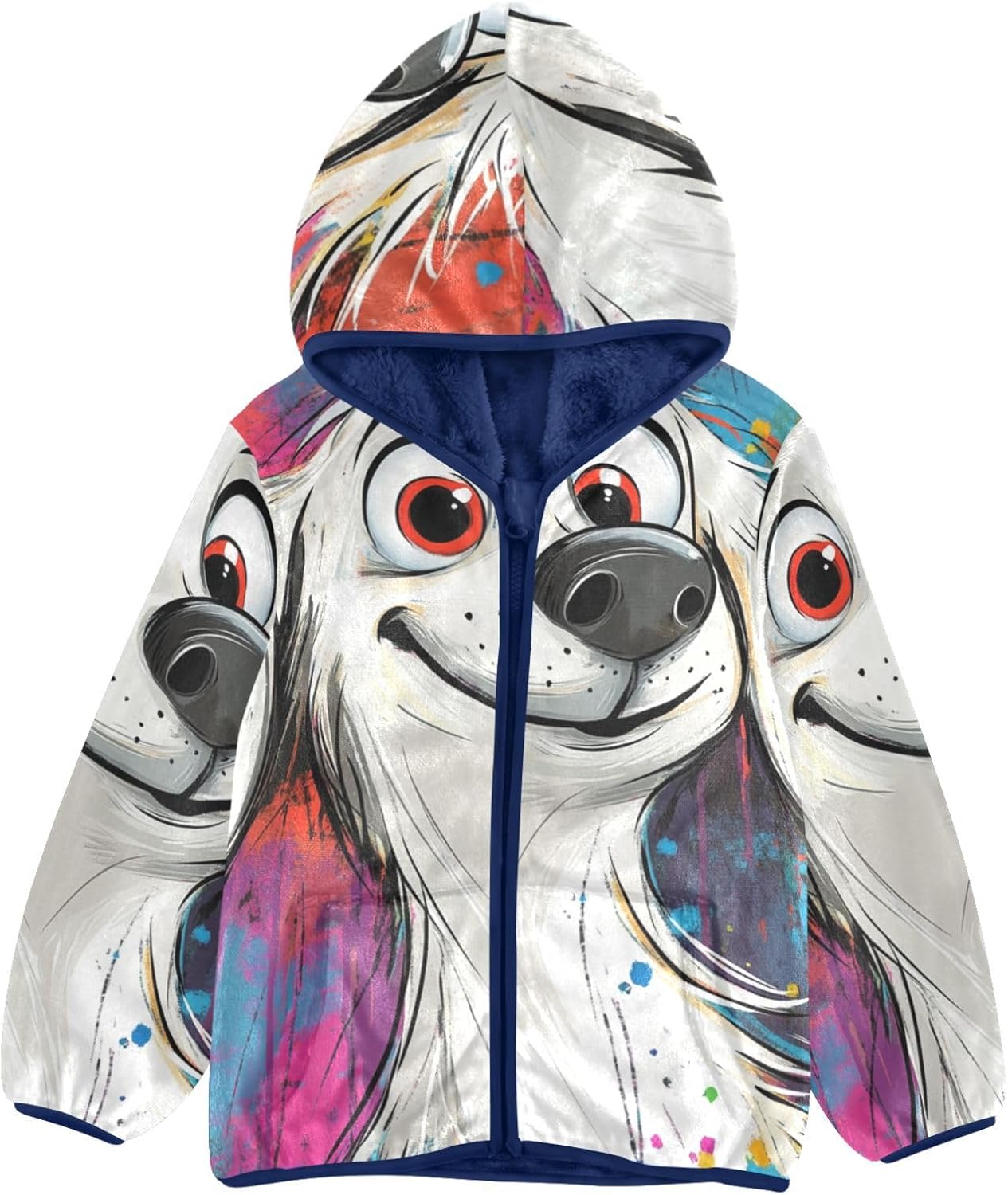Cartoon Watercolor White Dog Toddler Winter Jackets Children Plush Outerwear Navy Blue Baby Boy Hooded Fleece Jacket 3T