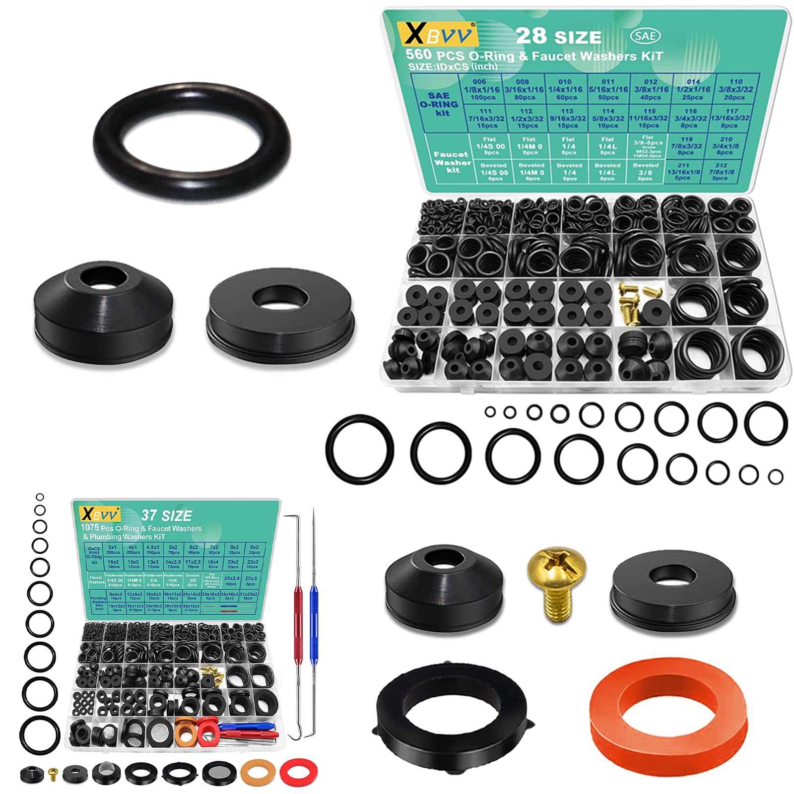 XBVV 560 Pcs Faucet Washers & SAE O Ring and 1075 Pcs Plumbing Washer & Metric O Ring Kit for Faucet Plumbing Hydraulic Sealing Repair(4 in1 Kit)