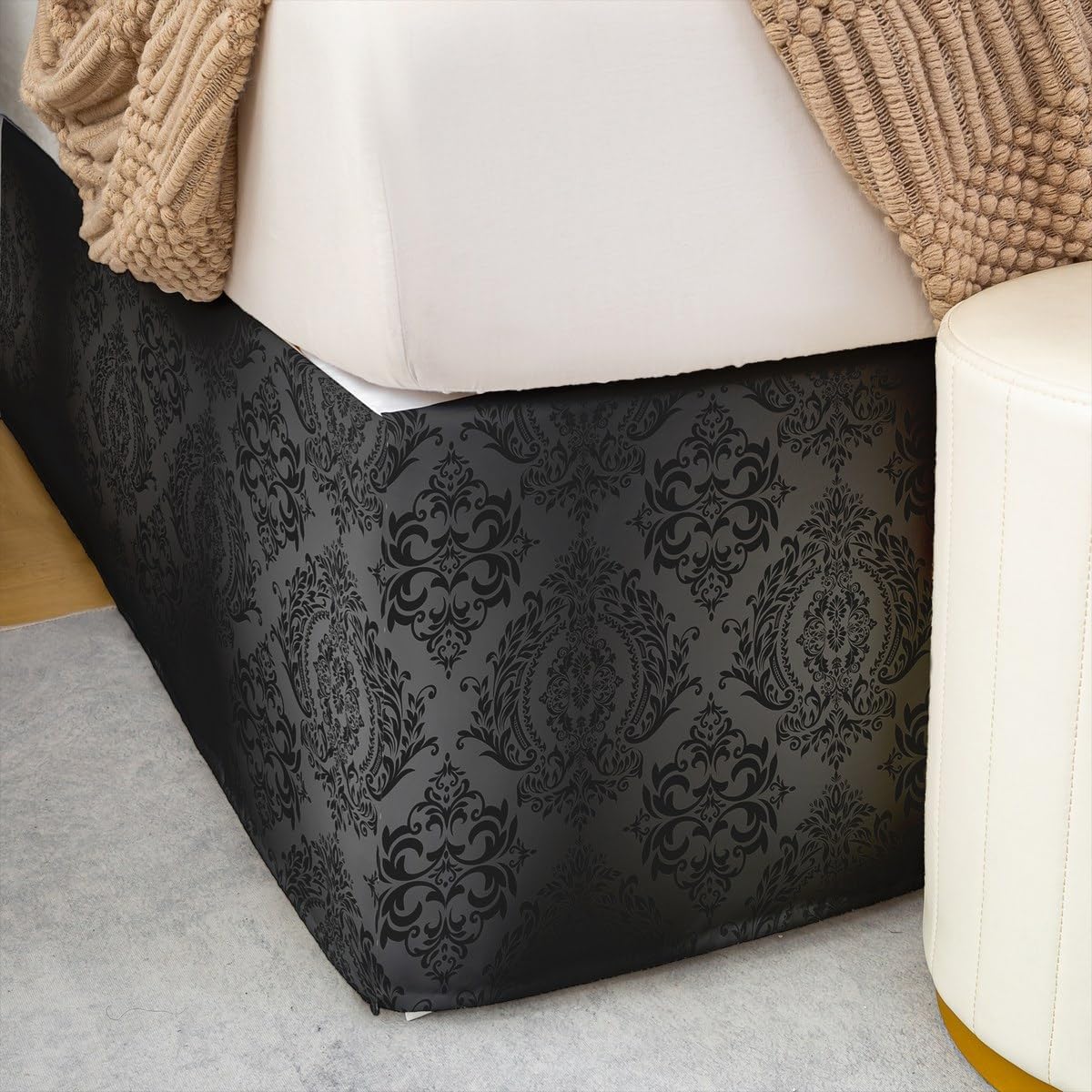 Damask King Size Bed Skirt,Black Grey Soft Quadruple Pleated Ruffle Bedskirt for Kids Boys Girls Teens Bedroom,Damask Pattern Fitted Sheet Floral Printed with 15 Inch Bed Skirts Bedding Decor