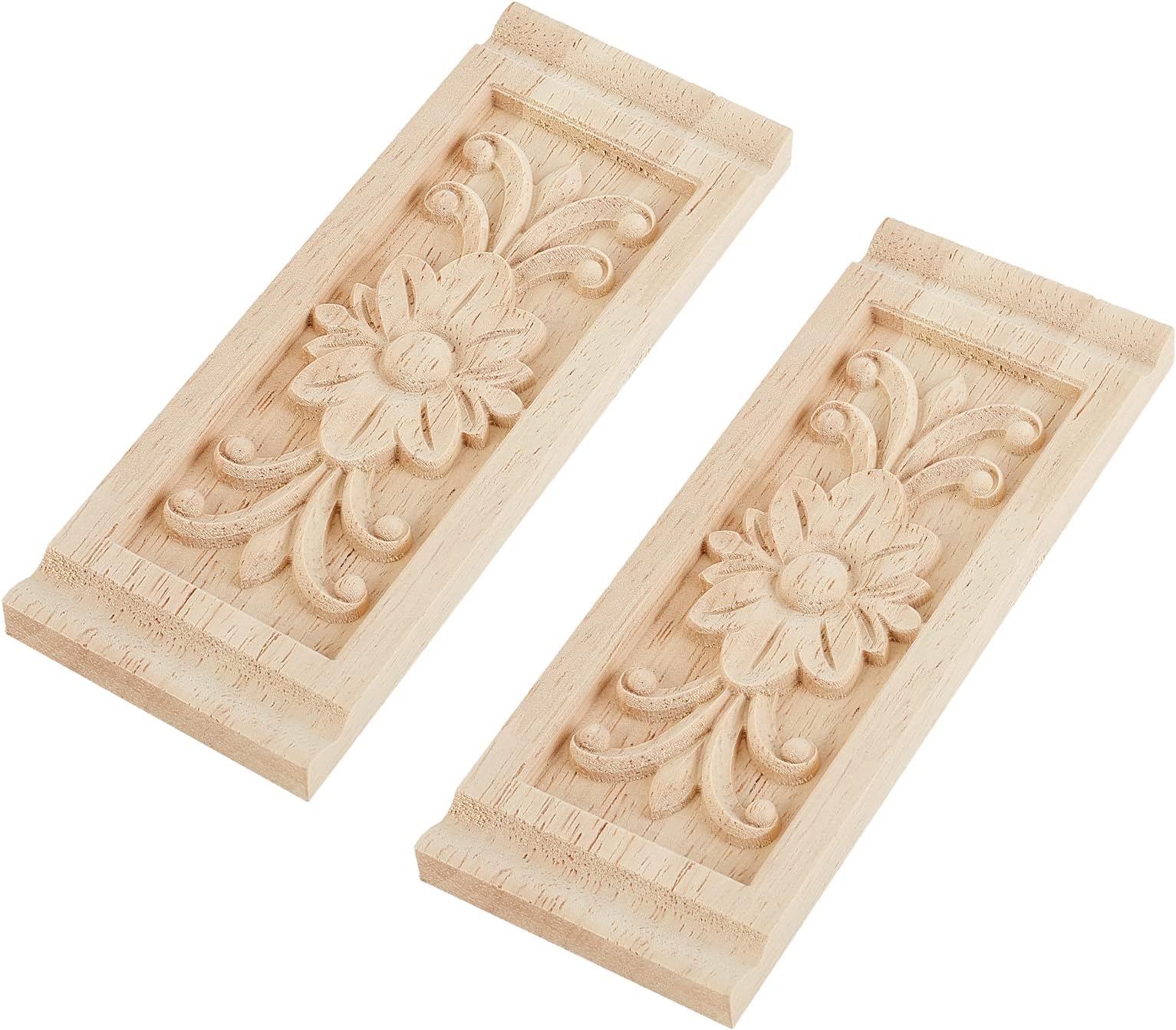 2PCS Rectangle with Flower Wood Carving Decal 6.3x2.4inch Unpainted Home Furniture Applique Decor Natural Solid Wood Carved Onlay for Furniture Door Wall Ornamental
