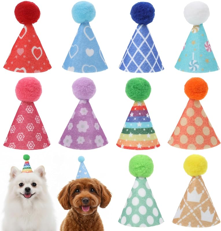 Chapéus de Festa Mini para Cães Pequenos, Gatos e Pelúcias Tucnoeu com Pompons Coloridos – Pacote com 10