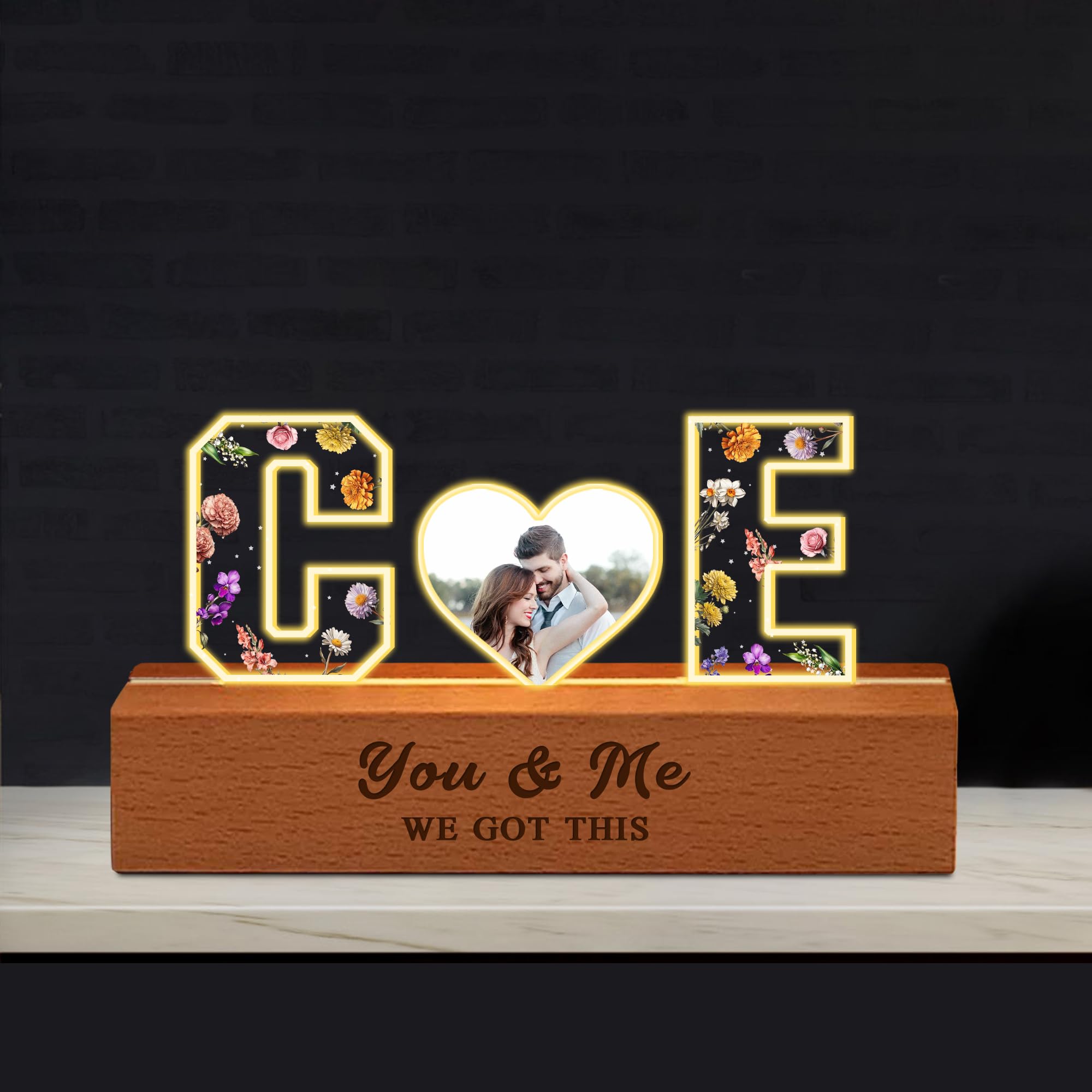 Personalized Couple Letter Photo Frame Light Custom Birth Month Flowers Acrylic Lamp You and Me We Got This LED Night Light Couple Initials Acrylic Frame Sign Gift for Valentine's Day Birthday