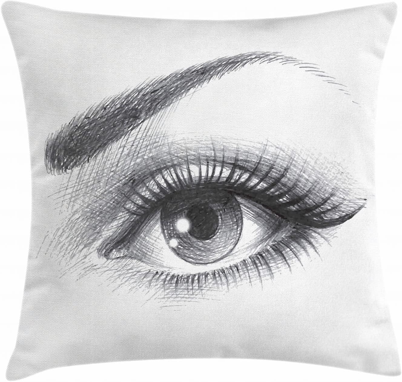 Ambesonne Eye Throw Pillow Cushion Cover, Pencil Drawing Artwork of a Staring Female Eye with Long Lashes and a Curvy Eyebrow, Decorative Square Accent Pillow Case, 20″ X 20″, White Grey