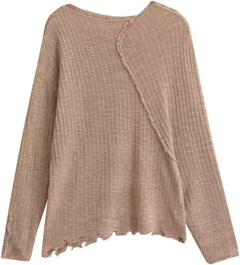 Women's Patchwork Solid Color Fall Asymmetric Hem Knit Tops