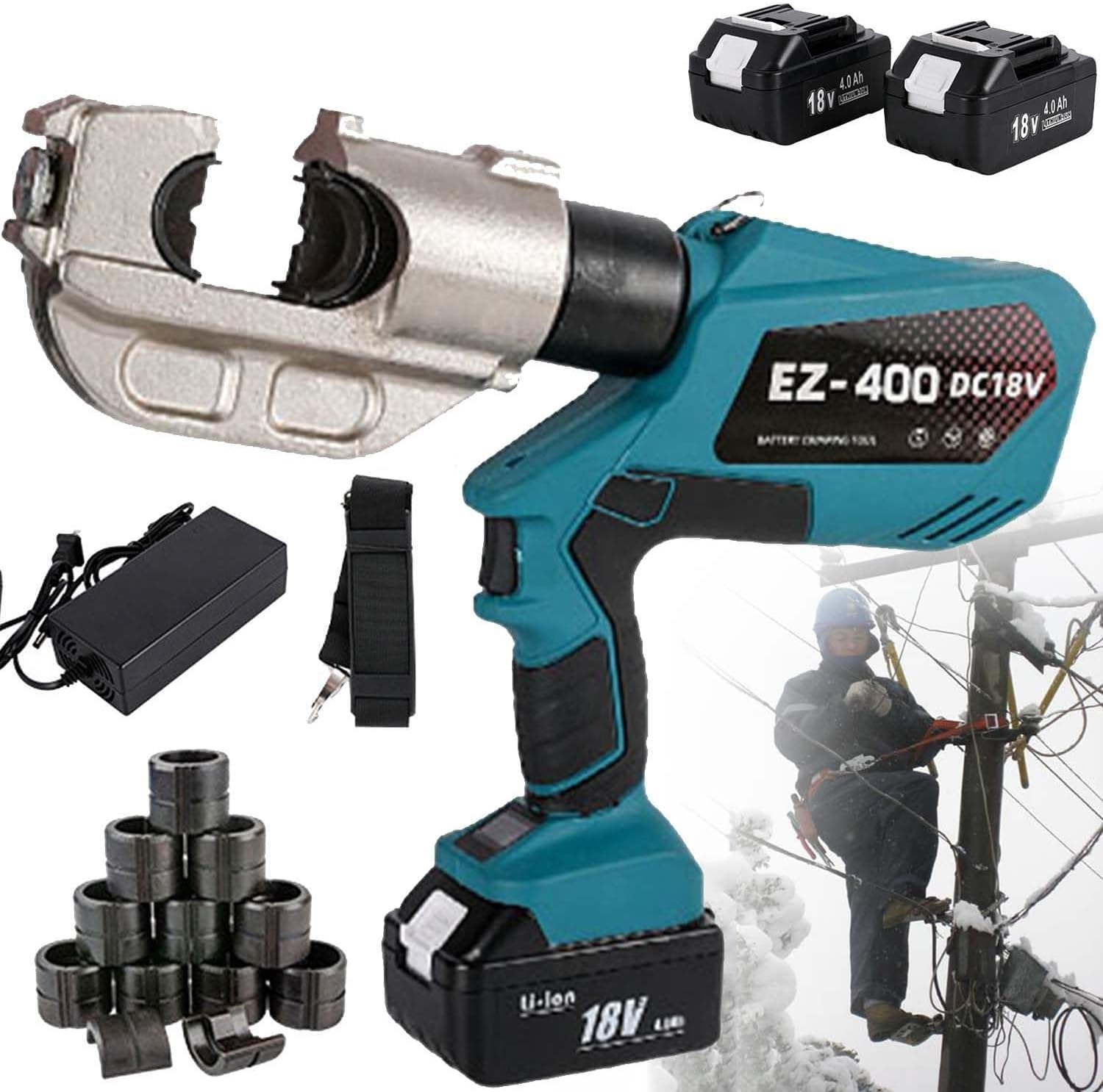 HCZKIUJY Battery Powered Hydraulic Crimping Tool, Electric Crimper for Electrical Terminal Cable Wire with Pressure Sensor and 12 Dies for 16-400mm2 Connectors (Blue)