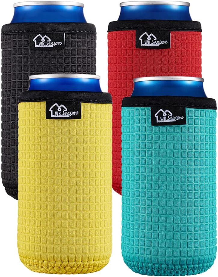 WK IEASON 16oz Standard Can Sleeves Insulators Sleeves Standard Can Covers 16OZ Neoprene Beer Bottle Sleeves Coolers Holder Non-slip Neoprene Can Coolier Sleeves 4PC Pack (16OZ, Black/Red/Yellow/Blue)