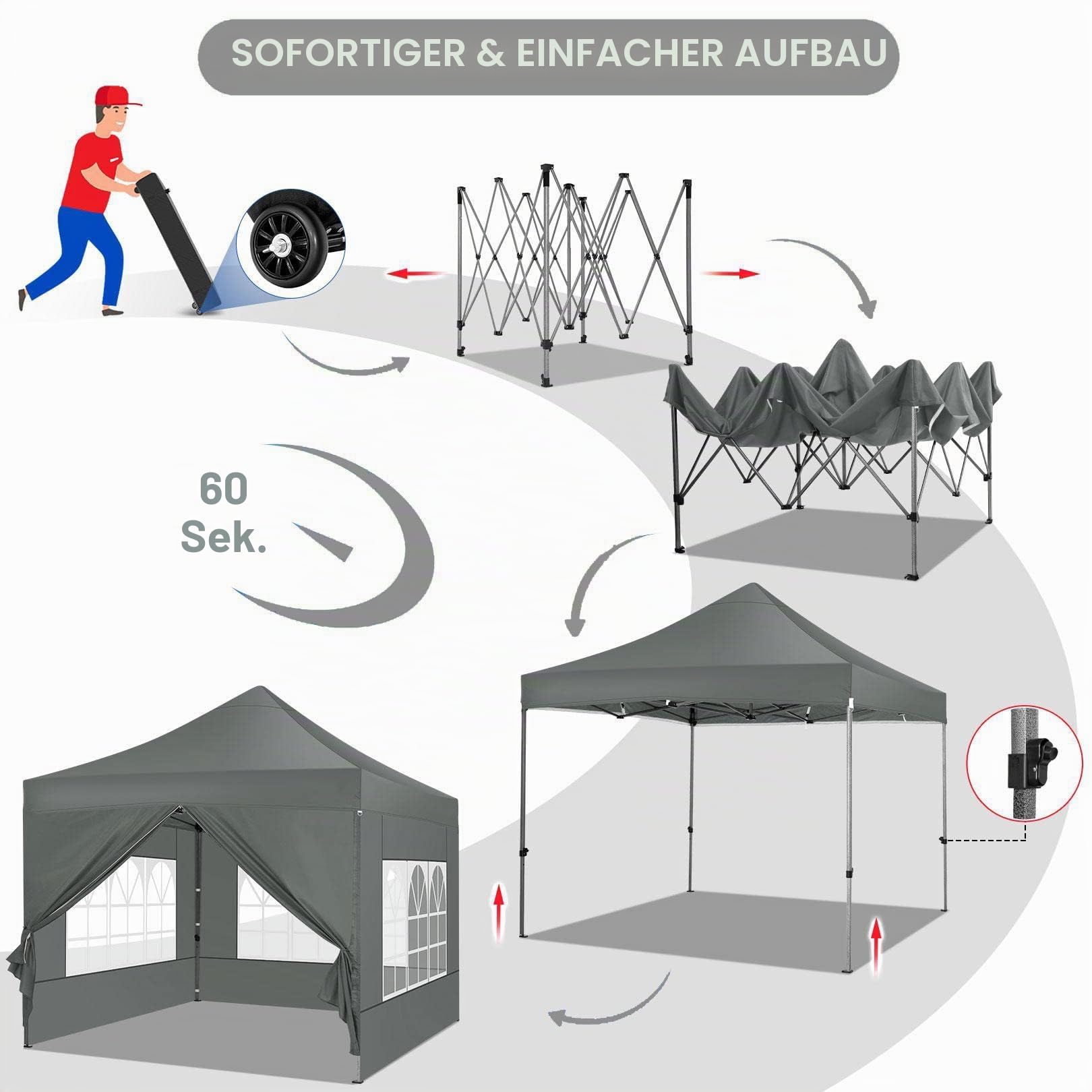 COBIZI Faltpavillon 3x3 Wasserdicht Stabil Winterfest(Grau mit Seitenwand) | Pop Up Pavillon Partyzelt,Sonnenschutz Pavillion Klappbar Zelte,Winterfest Gartenpavillon,Pavilion Faltbar mit Tasche Rollen