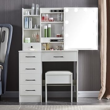 White Makeup Vanity Dressing Table with Lighted LED Lights, Vanity Desk with Adjustable Brightness Mirror, Vanity Table Set with 5 Drawers, Storage Shelves & Cushioned Stool for Kids Girls
