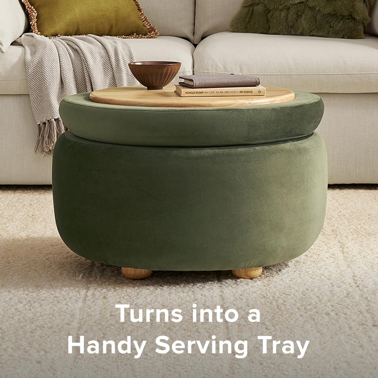 mopio Luna Round Ottoman with Storage and Tray, Round Coffee Table with Storage, Upholstered Foot Stools Ottoman for Living Room, Bedroom, with Solid Rubberwood Legs (Olive Green Premium Velvet)