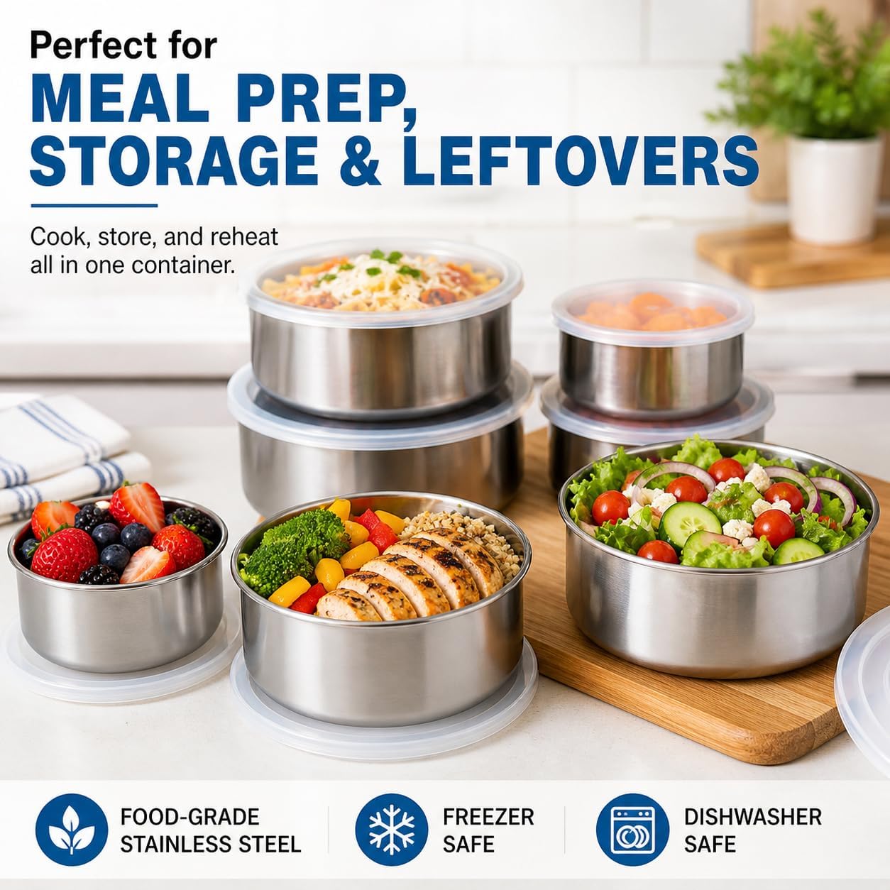 HANDIT 5-Piece Stainless Steel Food Storage Containers with Lids, Nesting Metal Bowls Set, Lightweight, BPA-Free Lids, Meal Prep & Leftovers, Freezer & Dishwasher Safe (8oz, 12oz, 16oz, 18oz, 32oz)
